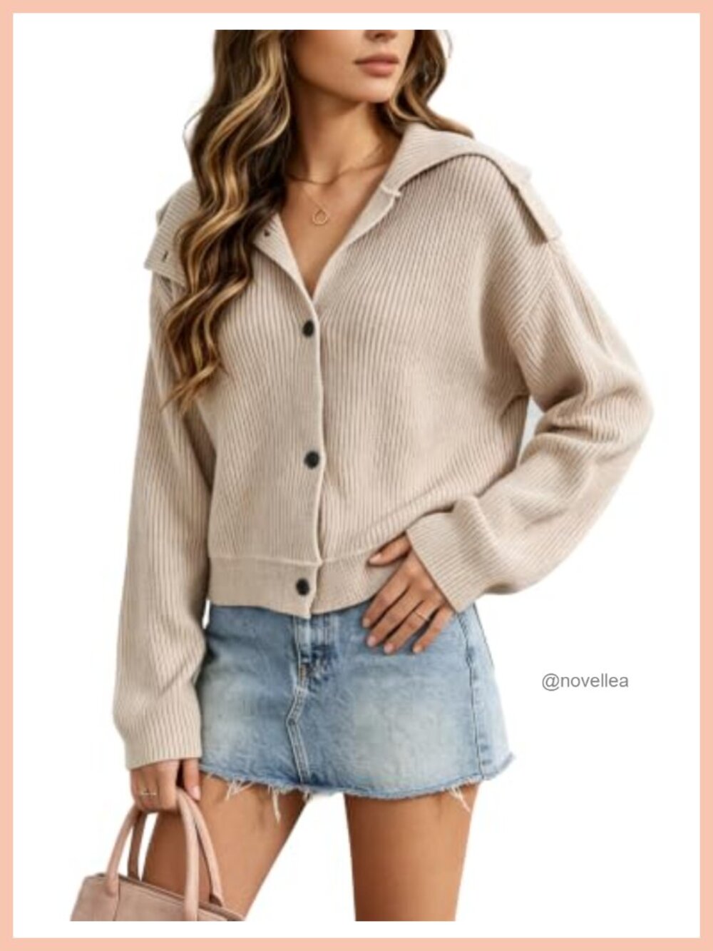 Women Long Sleeve High Neck Button Knit Cardigan Sweater Top Loose Fit